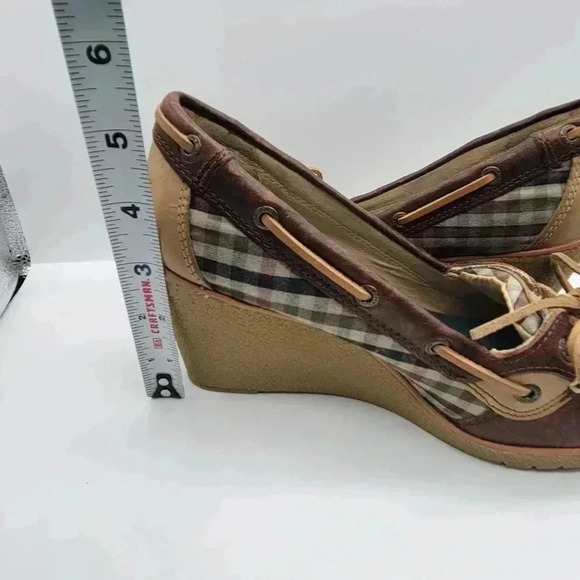 Sperry Top-Sider Wedge Heels Blue Plaid "Goldfish" Size 7.5 M Brown Leather - Picture 11 of 11